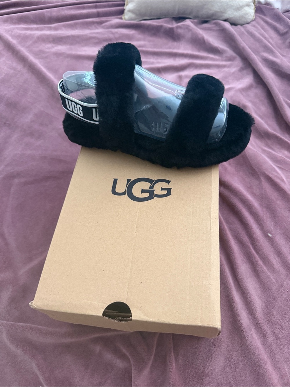 UGG Black Plush Slide with Branded Heel Strap